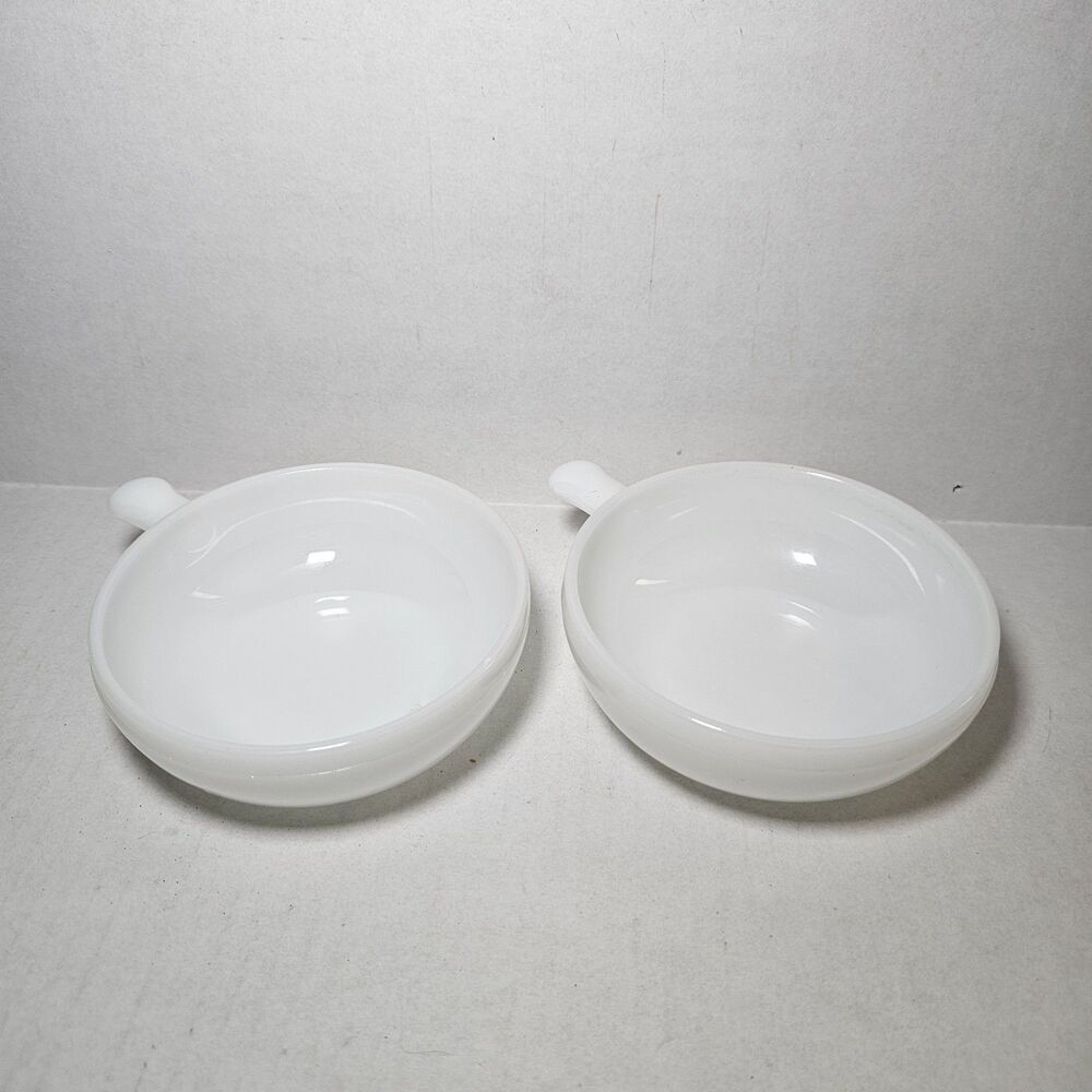 Vintage Set Of 2 Glasbake Milk Glass Soup Chili Bowls w/ Handles Solid White